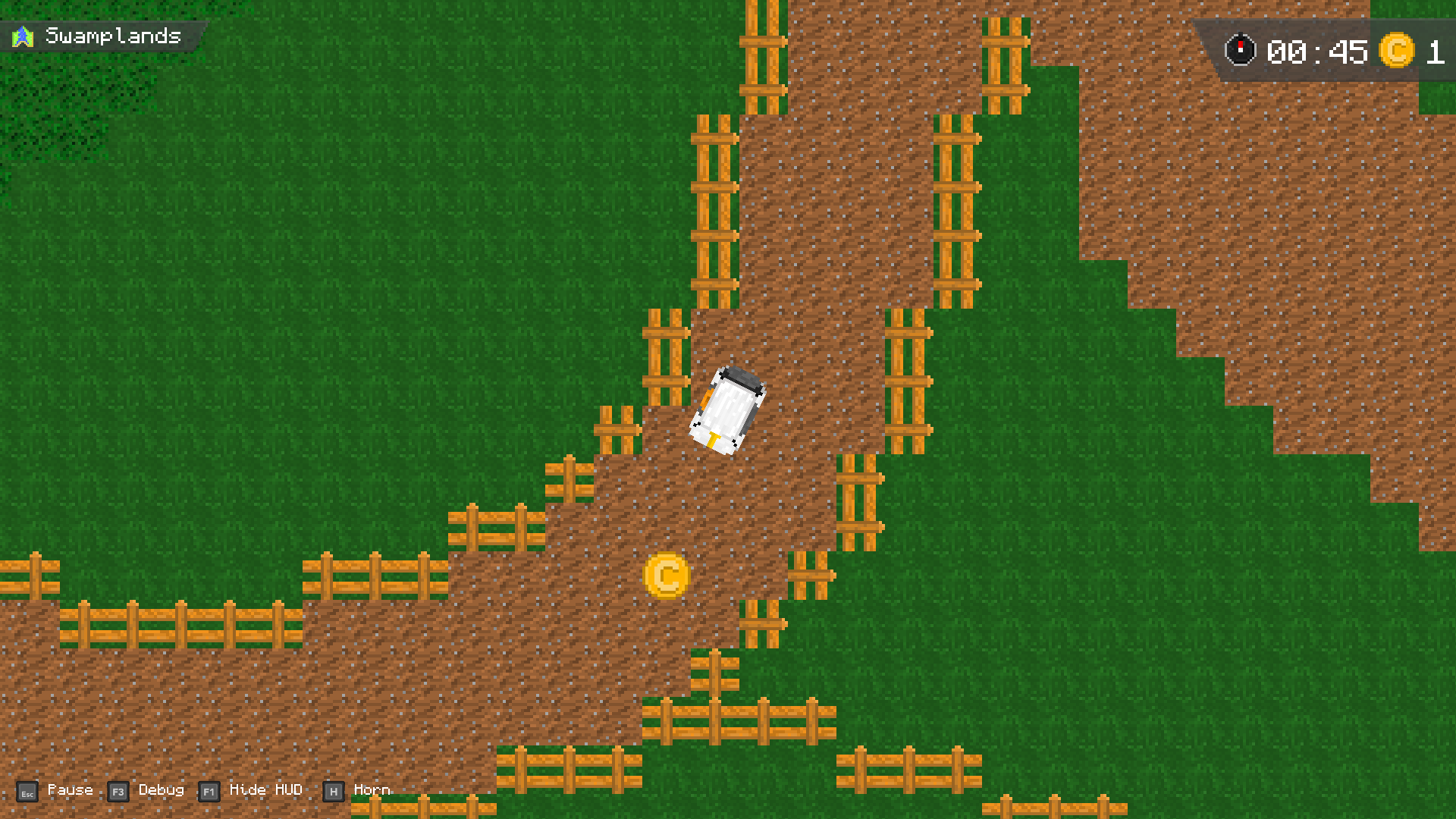 A screenshot of Hayley & Ray in the Swamplands race track, the golf cart is facing south and is in the water.